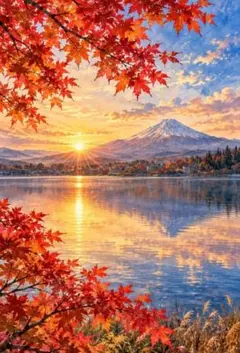 1627 秋景色 富士山と紅葉 水彩画風 デジタルアート 2L判 風景画