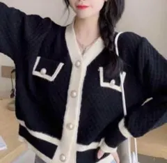 GRL ダイヤ柄編み配色Vネックニットカーディガン at1649 グレイル