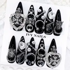 ネイルチップ　量産　地雷　韓国　量産型　黒　ブラック　オーダー　現品　【166】