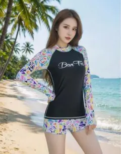ラッシュガード 長袖 ネイビー 水着 レディース 2点上下セット M 日焼け止め
