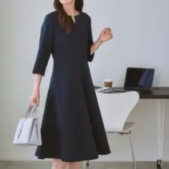 7days life styling ウエスト切替フレアワンピース　7分袖ワンピ