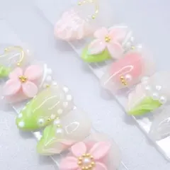 1039 ネイルチップSサイズ 韓国 ガーリー 立体フラワー パール ニュアンス