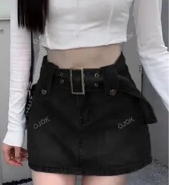 ブラックデニムミニスカートベルト付き シズニルック 無彩色 SHEIN