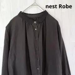 ネストローブ　リネン　レースネック　長袖 シャツワンピース　チャコール　ロング