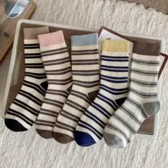 新品レディースソックス5足まとめ売り韓国オールシーズンクルー丈ボーダー女性靴下