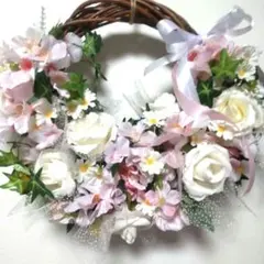春を先取りたっぷりフラワーリース 春リースハンドメイド玄関リース造花桜Lサイズ