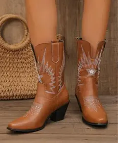 【新品】ウェスタンブーツ　カウボーイ 刺繍入り 　靴 25cm