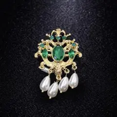 ヴィンテージ調 ブローチ グリーンストーン パール ゴールド 上品 華やか高見え