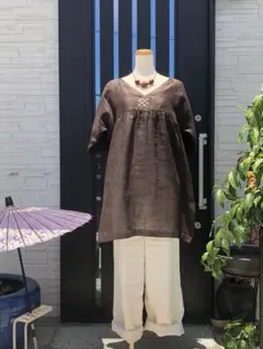 大島パッチ付きVネックチュニック