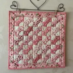 ハンドメイド パッチワーク ログキャビン キルトマット レッド系