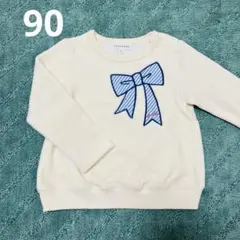 3can4on　オフホワイト　リボン　刺繍　トレーナー　裏起毛　フリース　90