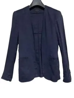 theory セオリー　麻ブレンド　ボタンレスノーカラージャケット　ネイビー　2