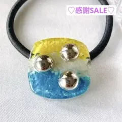 グラデーション☆ 黄色 水色 白 シルバーボール レジン ヘアゴム アート 仕事