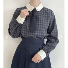 Fi.n.t プチネクタイ付きチェックシャツ navy×gray