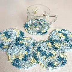 【ハンドメイド】かぎ針編みコースタードイリー5枚セット ブルー系ミックスカラー