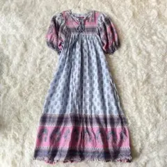 極美品　スタジオクリップ　エスニックプリントワンピース　小花柄　インド綿　ピンク