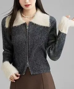 AsRiRe 美品 ダークグレー リブ編み ジップアップ ダブルジップ配色ニット