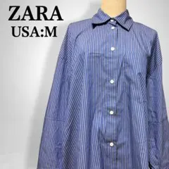 【ザラ】コットン 大きめ ストライプデザイン 裾レイヤード シャツ