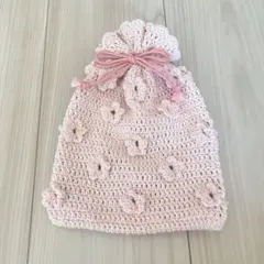 ピンクの花模様の巾着袋　ハンドメイド　かぎ針編み