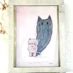 猫の水彩画　原画　猫の絵　猫と影の猫　アナログイラスト　手描き　かわいい