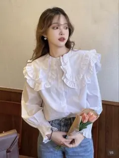 フリル付きホワイトシャツ SHEIN 長袖