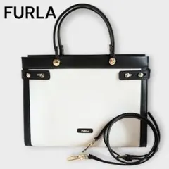 FURLA トートバッグ レディ 白 黒 キャンバス レザー A4