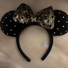 ディズニー ミニー カチューシャ ブラック ゴールド リボン スパンコール