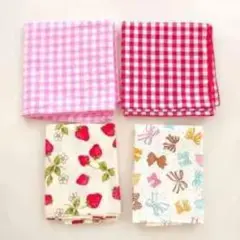 コットン生地4枚セット ギンガムチェック・いちご・リボン