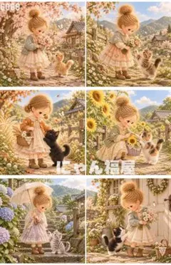 X106 choco パネル生地 かわいい少女と子猫 6柄 - メルカリ