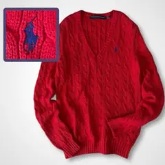 ラルフローレン ケーブルニットセーター ポニー刺繍 Ｖネック レッド