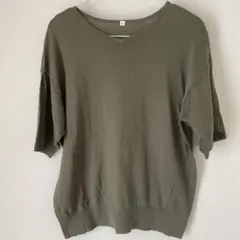 【5分袖ニット】M カーキ　1度短時間着用 洗える5分袖プルオーバー