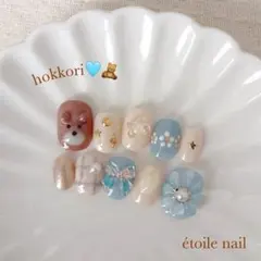 ネイルチップ サイズオーダー ぷっくりフラワー ほっこりくま ニュアンス 淡色