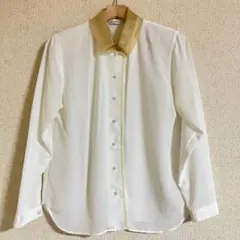 ヴィンテージ シフォン ブラウス 長袖 M ホワイト 日本製 ゴールド 襟 古着