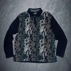 【希少XXL】Desigual 長袖ポロシャツ ボタニカル リーフ柄 紺 Y2K