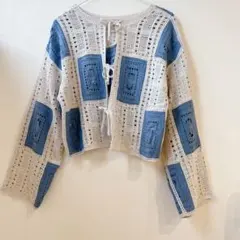 kastane クロシェニットカーディガン　パッチワーク　可愛い　ブルーF