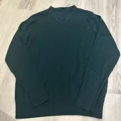 メリノVネックセーター　Ｖネック春ニット　薄手ニット　ダークグリーンL緑