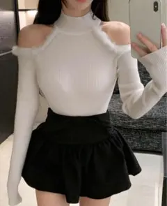 オフショルダーリブニット 白 ホワイト