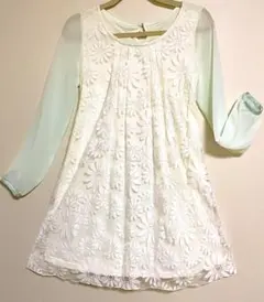 花柄レース刺繍 長袖ワンピース ウエストリボン付き