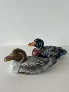 木製 鴨 デコイ 置物 2体セット ハンドペイント - メルカリ