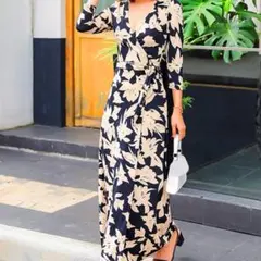 【マキシ丈ワンピース】花柄ラップドレス シワにならない☆