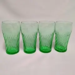 透明グリーン 波模様グラス4個セット アデリア　昭和レトロ　ビンテージ