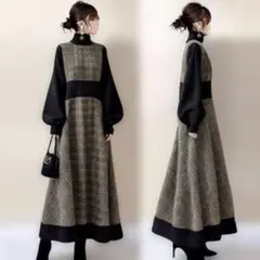 ロングワンピース フレア ニット ハイネック チェック ぽわん袖 上品