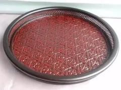 伝統工芸品 籃胎漆器 漆塗り 久留米九藍 透かし編み 盆 菓子盆 約35.0cmのサムネイル