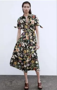 ZARA 花柄ワンピース　半袖　総柄　シャツワンピース