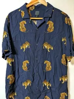 メンズ ヒョウ柄 半袖シャツ ネイビー