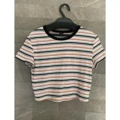 SHEIN ストライプ リブ ボーダーシャツ 半袖 ピンク ショート丈 Tシャツ