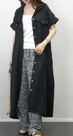 シアー　オープンカラーシャツワンピース　黒