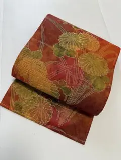 名古屋帯 赤と緑の花柄