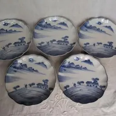骨董皿⭐印版染付皿⭐桜咲く漁人綱打ち漁図⭐明治期⭐11枚セット⭐希少