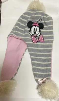 ミニーマウス柄ニット帽キッズ　グレー×ピンク